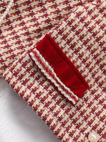 SHEIN Sparklyn 2pcs Tween Girl Houndstooth Bow Decor Long Sleeve Top & Skirt Set - Red - View 4