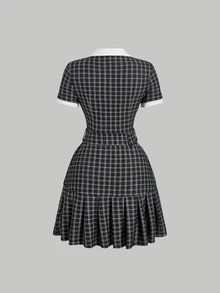 SHEIN MOD Vintage Plaid Patchwork Ruched Short Sleeve Dress Back To School Clothes School Outfits Old Money Style - Black - View 2
