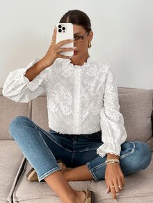 Serisse 女士纯色前扣长袖荷叶边简约衬衫、休闲装、长袖上衣 - 彩色 - 查看 4