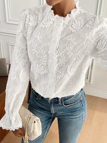 Serisse 女士纯色前扣长袖荷叶边简约衬衫、休闲装、长袖上衣 - 彩色 - 查看 3