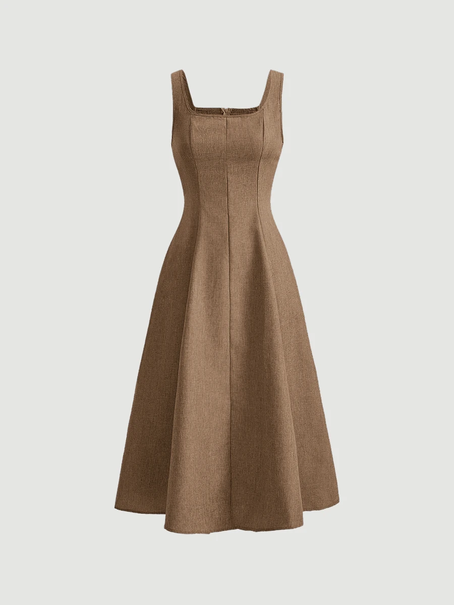 SHEIN MOD Women's Denim Effect Slim Segmentation Shirred Back Sleeveless Dress - Khaki - View 1