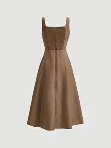 SHEIN MOD Women's Denim Effect Slim Segmentation Shirred Back Sleeveless Dress - Khaki - View 2