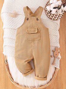 SHEIN Baby Boy Solid Color Casual Bib Jumpsuit, Fall - Yellow - View 1