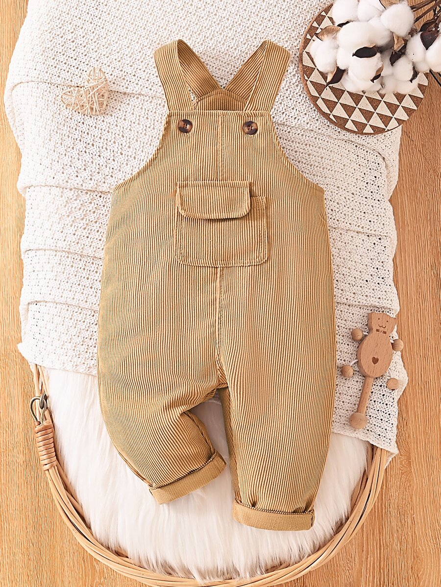 SHEIN Baby Boy Solid Color Casual Bib Jumpsuit, Fall - Yellow - View 1