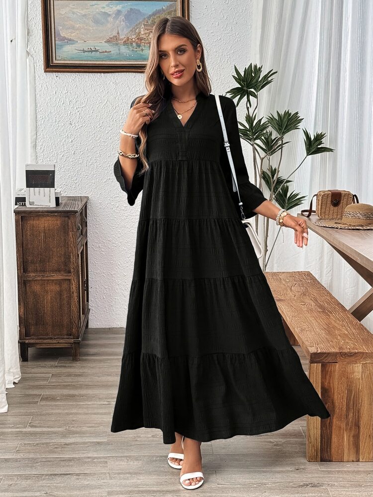 EMERY ROSE 女款 V 領荷葉袖高低下擺樹葉印花休閒端莊秋季長洋裝 黏膠纖維 正式辦公黑色洋裝 - 黑色 - 查看 1