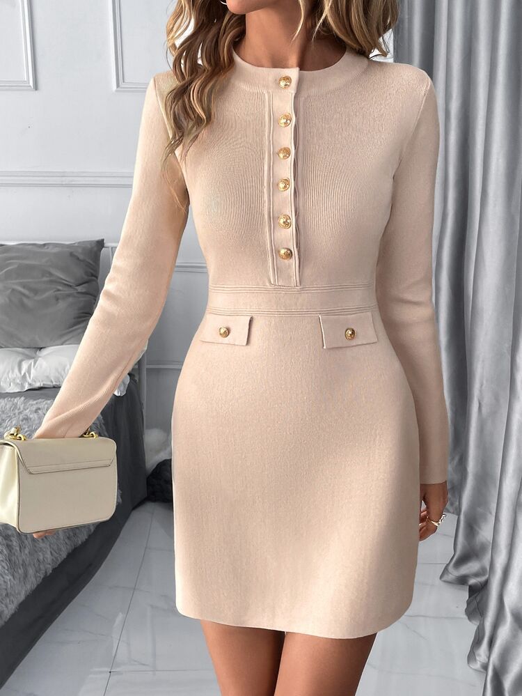SHEIN Clasi Women's Elegant Work-Wear Office Everyday Button-Decorated Short Sweater Dress In Autumn Apricot - Apricot - View 3