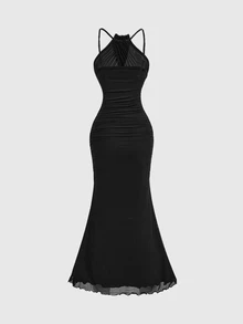SHEIN MOD Women's Apricot Color Halter Neck Fish Tail Hem Long Dress,Prom Dress,Fall Dresses - Black - View 2