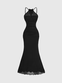 SHEIN MOD Women's Apricot Color Halter Neck Fish Tail Hem Long Dress,Prom Dress,Fall Dresses - Black - View 1