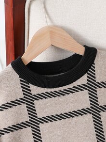 Tween Girls Autumn Fashion Classic Round Neck Long Sleeve Mid-Calf Elegant Casual Cool Dress Plaid Mid-Length Knitted Dress Farewell Dark Grey - Khaki - View 6