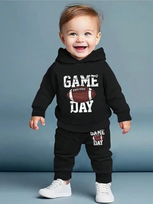 2pcs Baby Boys' Football Letter Print Hooded Sweatshirt And Pants Set, Spring/Fall - Black - View 2