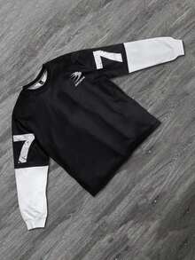 SHEIN 青少年男孩字母印花休閒街頭風寬鬆落肩圓領長袖衛衣，春秋秋冬派對穿搭，Sixth Form，黑色 - 黑色 - 查看 3