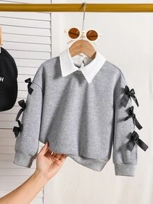 SHEIN Genkimix Kids 年轻女孩和年轻女孩灰色休闲圆领运动衫，带 3D 蝴蝶结，适合秋冬季，适合搭配各种外套、大衣、夹克、裤子和裙子，适合日常休闲穿着，适合各种放松场合 - 灰色 - 查看 1