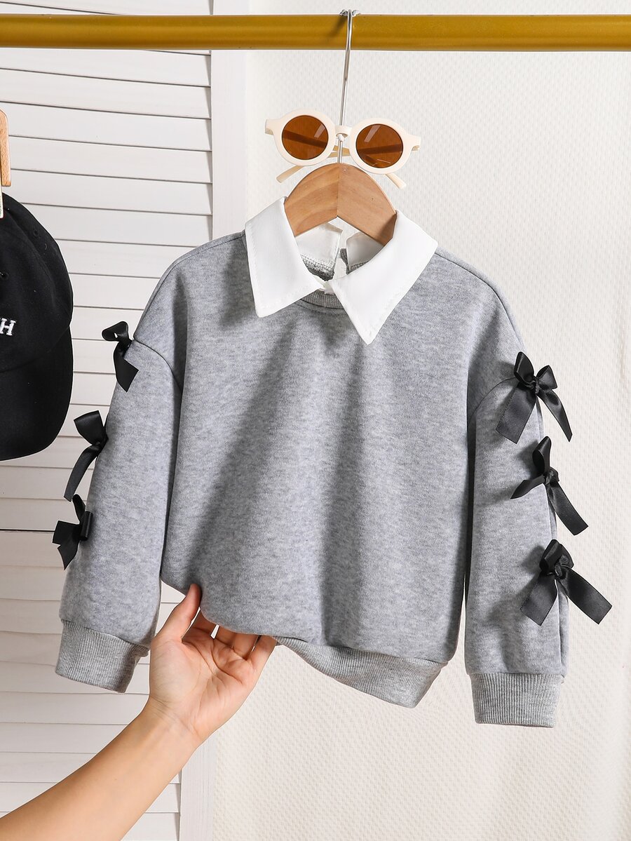 SHEIN Genkimix Kids 年轻女孩和年轻女孩灰色休闲圆领运动衫,带 3D 蝴蝶结,适合秋冬季,适合搭配各种外套、大衣、夹克、裤子和裙子,适合日常休闲穿着,适合各种放松场合 - 灰色 - 查看 1