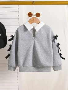 SHEIN Genkimix Kids 年轻女孩和年轻女孩灰色休闲圆领运动衫，带 3D 蝴蝶结，适合秋冬季，适合搭配各种外套、大衣、夹克、裤子和裙子，适合日常休闲穿着，适合各种放松场合 - 灰色 - 查看 2