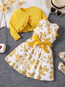 SHEIN 2pcs/Set Young Girl Blue & White Floral Print Dress And Ribbed Ruffle Cardigan Skirt Set For Girlsyellow Dress For Girls,Holiday,Summer,Travel, School, Campus, College - Yellow - View 1