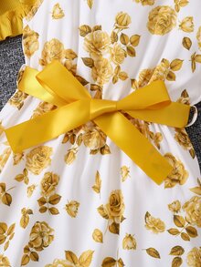 SHEIN 2pcs/Set Young Girl Blue & White Floral Print Dress And Ribbed Ruffle Cardigan Skirt Set For Girlsyellow Dress For Girls,Holiday,Summer,Travel, School, Campus, College - Yellow - View 3