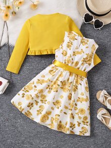SHEIN 2pcs/Set Young Girl Blue & White Floral Print Dress And Ribbed Ruffle Cardigan Skirt Set For Girlsyellow Dress For Girls,Holiday,Summer,Travel, School, Campus, College - Yellow - View 2