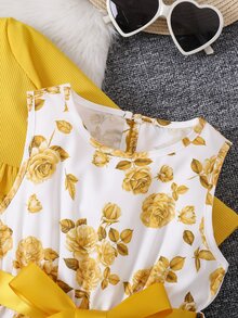 SHEIN 2pcs/Set Young Girl Blue & White Floral Print Dress And Ribbed Ruffle Cardigan Skirt Set For Girlsyellow Dress For Girls,Holiday,Summer,Travel, School, Campus, College - Yellow - View 5