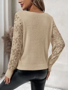 SHEIN Clasi Women's Solid Color Simplistic Lace Patchwork Long Sleeve Sweater For Daily Wear In Fall/Winter - Camel - View 2