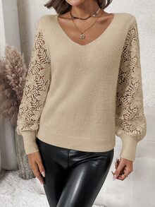 SHEIN Clasi Women's Solid Color Simplistic Lace Patchwork Long Sleeve Sweater For Daily Wear In Fall/Winter - Camel - View 3
