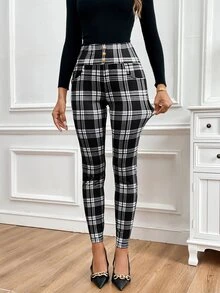 SHEIN Clasi 女士优雅高腰修身格子印花金属扣装饰针织裤 - 黑與白 - 查看 3
