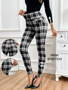SHEIN Clasi 女士优雅高腰修身格子印花金属扣装饰针织裤 - 黑與白 - 查看 5