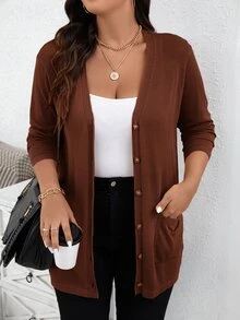SHEIN LUNE Plus Size Dual Pocket Button Front Cardigan Fall Women With Pockets Thanksgiving, For Winter Autumn Office Holiday Brown Casual Soft - Brown - View 1
