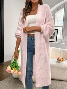 EMERY ROSE Cárdigan casual de manga de linterna rosa con pelusa para el Día de San Valentín - Rosa Pálido - Ver 4