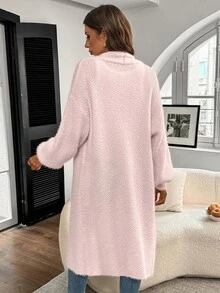 EMERY ROSE Cárdigan casual de manga de linterna rosa con pelusa para el Día de San Valentín - Rosa Pálido - Ver 2