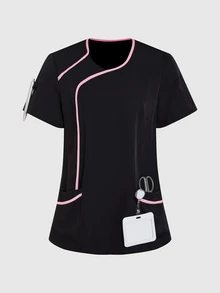 TaskEZ Blusa de manga corta con ribete de color contrastante, Blusas de uniforme médico - Negro - Ver 1