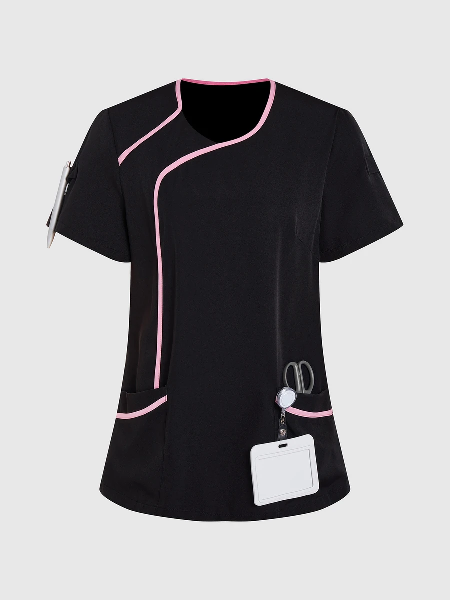 TaskEZ Blusa de manga corta con ribete de color contrastante, Blusas de uniforme médico - Negro - Ver 1