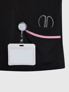 TaskEZ Blusa de manga corta con ribete de color contrastante, Blusas de uniforme médico - Negro - Ver 3