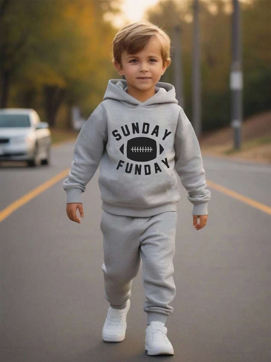 2 piezas/set Conjunto informal de sudadera con capucha y pantalones estampados de fútbol para niño joven, primavera otoño - Gris - Ver 1