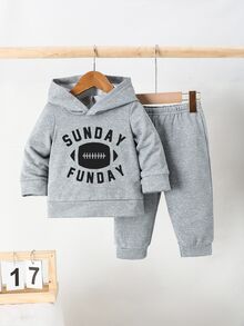 2 piezas/set Conjunto informal de sudadera con capucha y pantalones estampados de fútbol para niño joven, primavera otoño - Gris - Ver 8