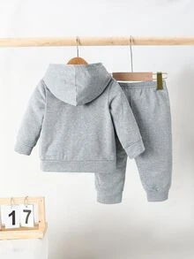 2 piezas/set Conjunto informal de sudadera con capucha y pantalones estampados de fútbol para niño joven, primavera otoño - Gris - Ver 2
