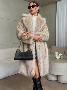 Firerie Women Elegant Long Faux Fur Coat In Fall/Winter Night Going Out Party Dark Brown - Apricot - View 1