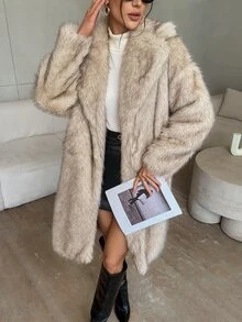 Firerie Women Elegant Long Faux Fur Coat In Fall/Winter Night Going Out Party Dark Brown - Apricot - View 4