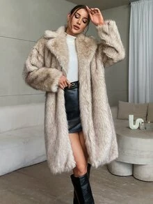 Firerie Women Elegant Long Faux Fur Coat In Fall/Winter Night Going Out Party Dark Brown - Apricot - View 3
