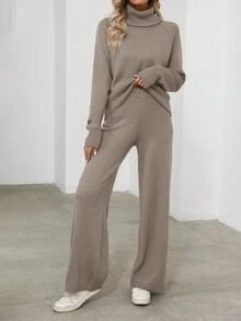 EMERY ROSE 2 piezas Conjunto de suéter y pantalones casuales de unicolor de cuello alto y manga larga para mujer - Camel - Ver 5