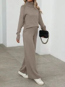 EMERY ROSE 2 piezas Conjunto de suéter y pantalones casuales de unicolor de cuello alto y manga larga para mujer - Camel - Ver 6