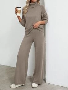 EMERY ROSE 2 piezas Conjunto de suéter y pantalones casuales de unicolor de cuello alto y manga larga para mujer - Camel - Ver 4