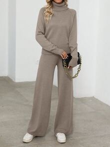 EMERY ROSE 2 piezas Conjunto de suéter y pantalones casuales de unicolor de cuello alto y manga larga para mujer - Camel - Ver 3
