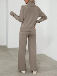 EMERY ROSE 2 piezas Conjunto de suéter y pantalones casuales de unicolor de cuello alto y manga larga para mujer - Camel - Ver 2