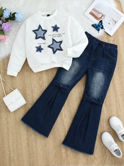 SHEIN Sparklyn 2pcs/Set Tween Girl Casual Loose White Sweatshirt With English Print And Star Embroidered Decor & Dark Washed Flare Jeans Set