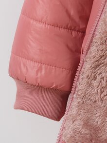 SHEIN Elladie kids Young Girl Casual Thickened Quilted Hooded Zip-Up Jacket, Winter - Dusty Pink - View 3