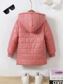 SHEIN Elladie kids Young Girl Casual Thickened Quilted Hooded Zip-Up Jacket, Winter - Dusty Pink - View 2