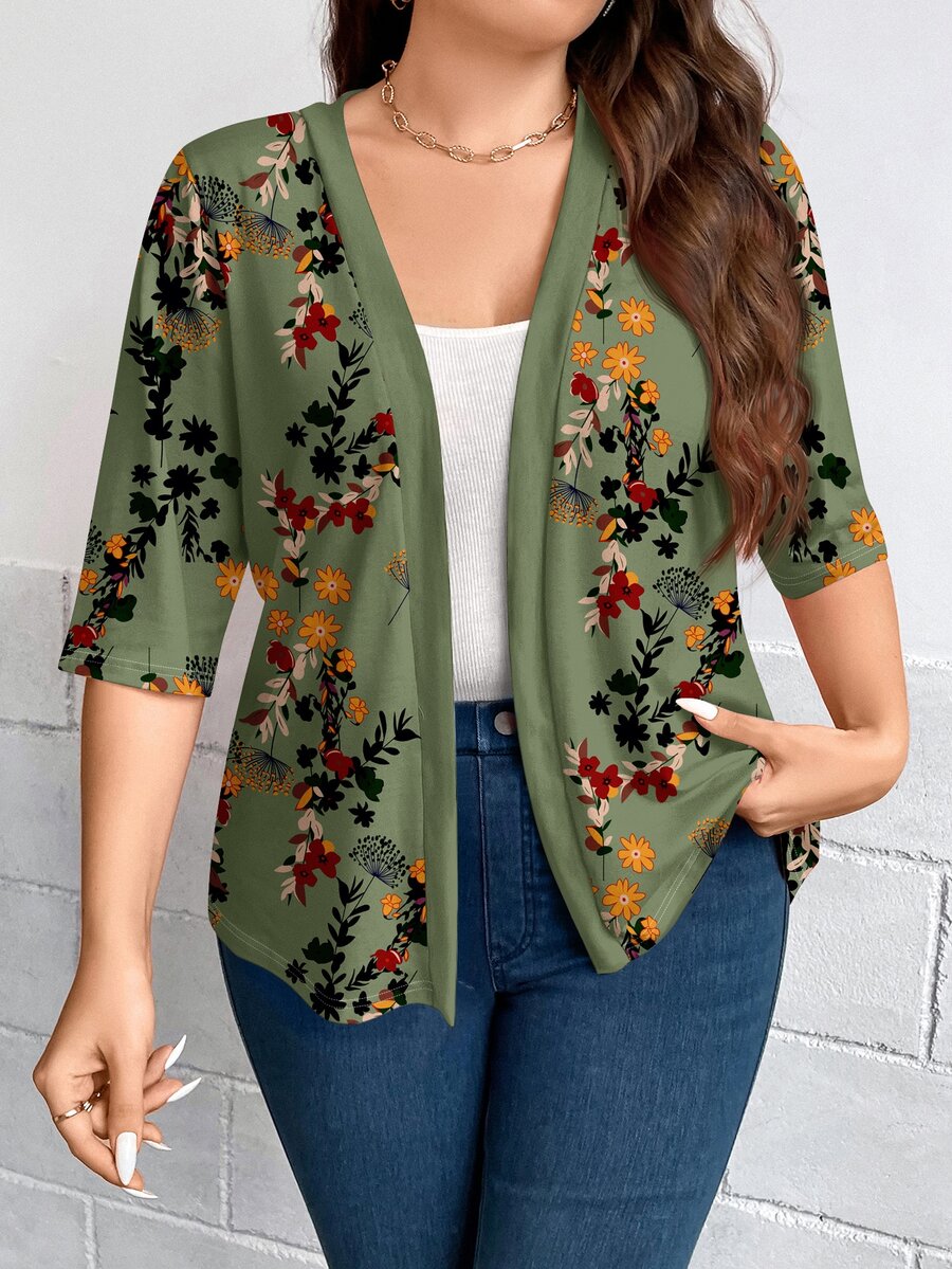 SHEIN LUNE Casual Elegant Retro Floral Pattern Mid-Sleeve Open Front Plus Size Jacket, Summer And Formal Teacher Olive Green - Green - View 1