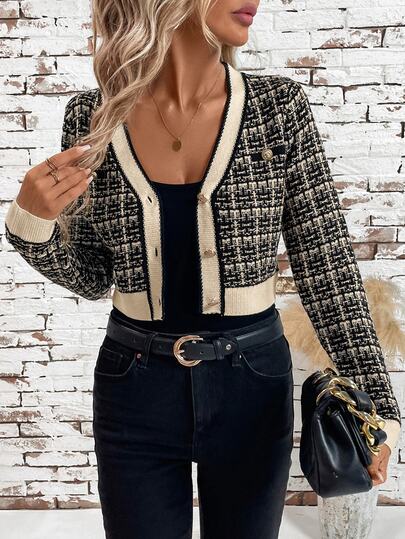 SHEIN Clasi 1pc Women's Color Blocking Trim Fitted Short Cardigan, Plaid Pattern, Elegant In Fall/Winter