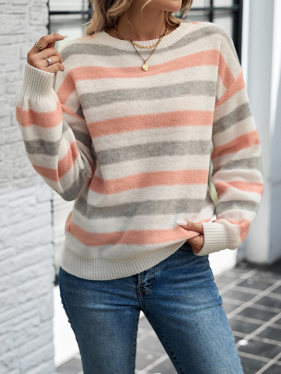 SHEIN LUNE 女款開學季圓領休閒法式粉色與白色條紋長袖針織毛衣,適合秋季校園、日常、晚餐與早午餐 - 白色 - 查看 1