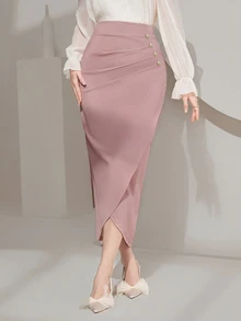 Modelyn Women's Elegant Wrap Design Women Skirt - Pink - View 4
